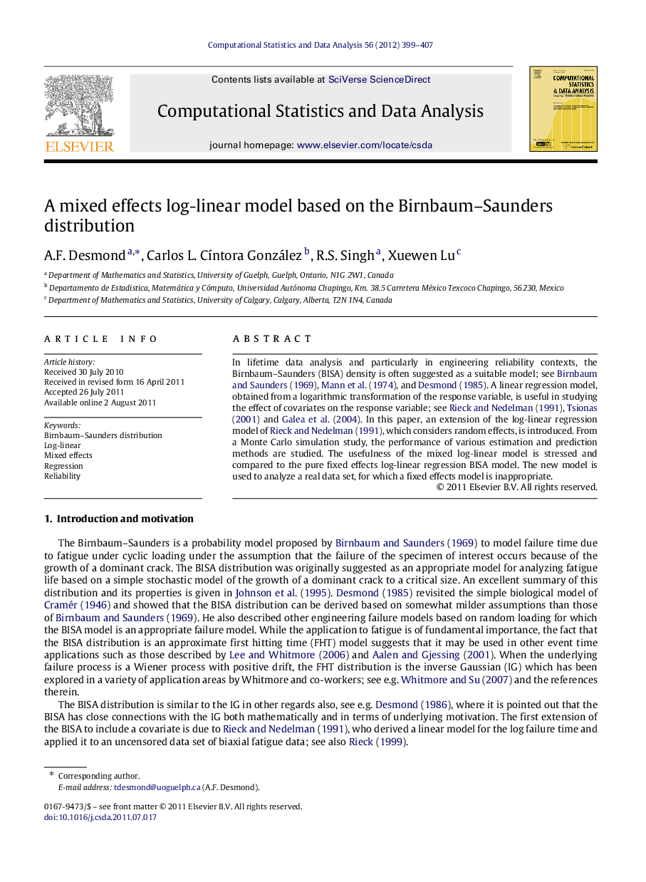 A mixed effects log-linear model based on the Birnbaum–Saunders distribution