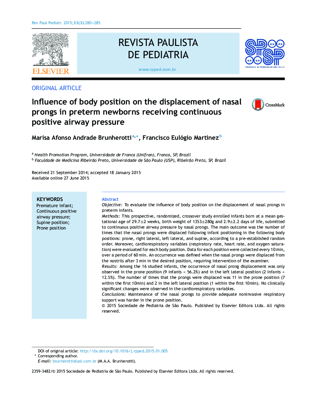 Influence of body position on the displacement of nasal prongs in preterm newborns receiving continuous positive airway pressure