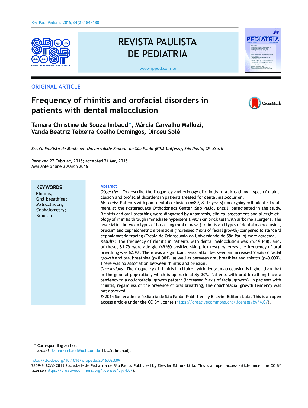Frequency of rhinitis and orofacial disorders in patients with dental malocclusion
