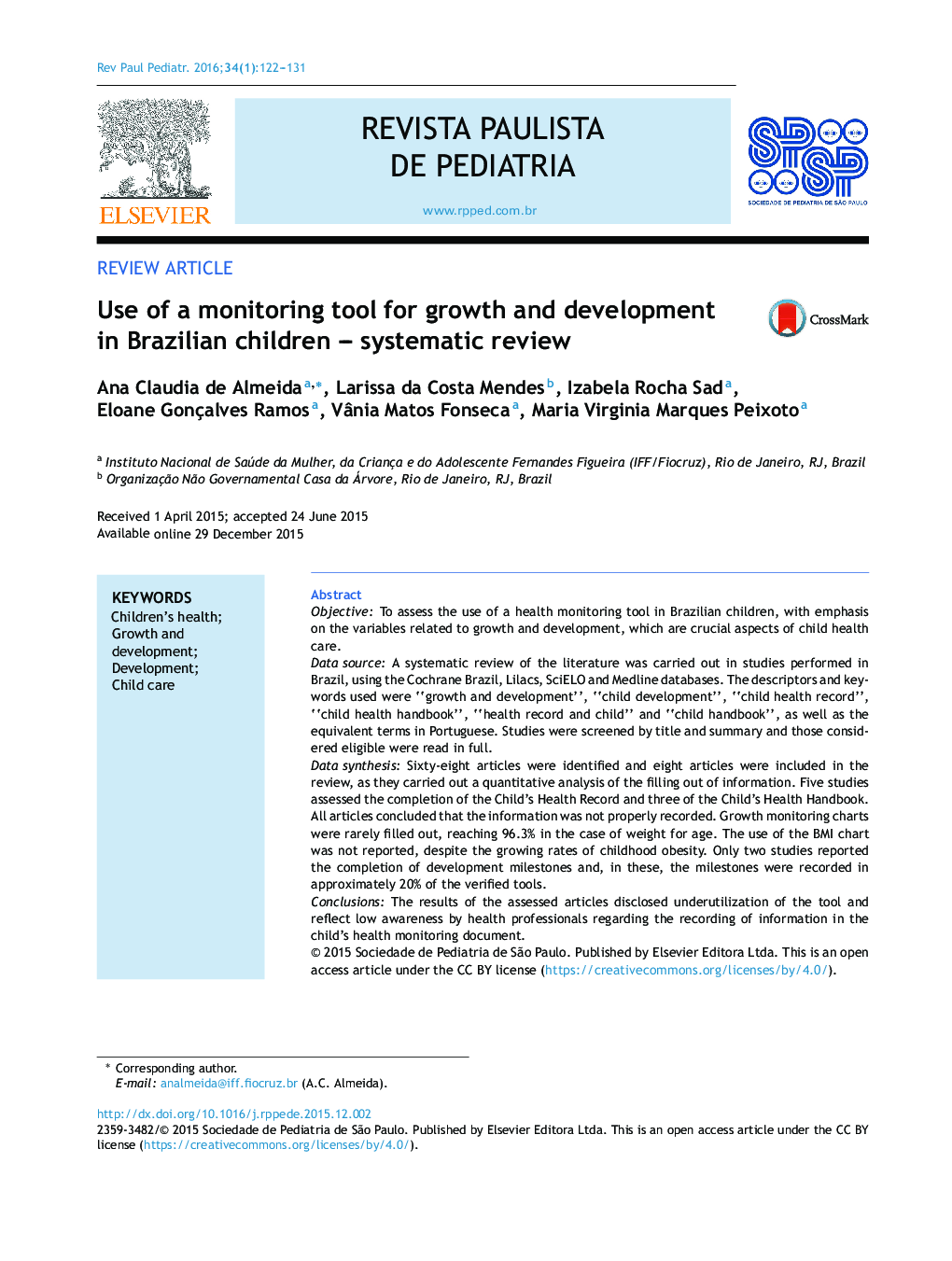 Use of a monitoring tool for growth and development in Brazilian children – systematic review