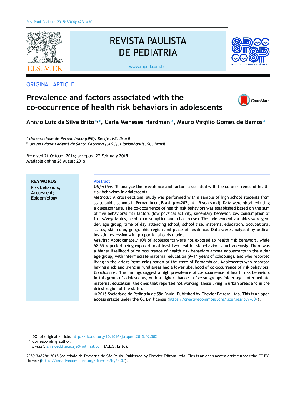 Prevalence and factors associated with the co-occurrence of health risk behaviors in adolescents