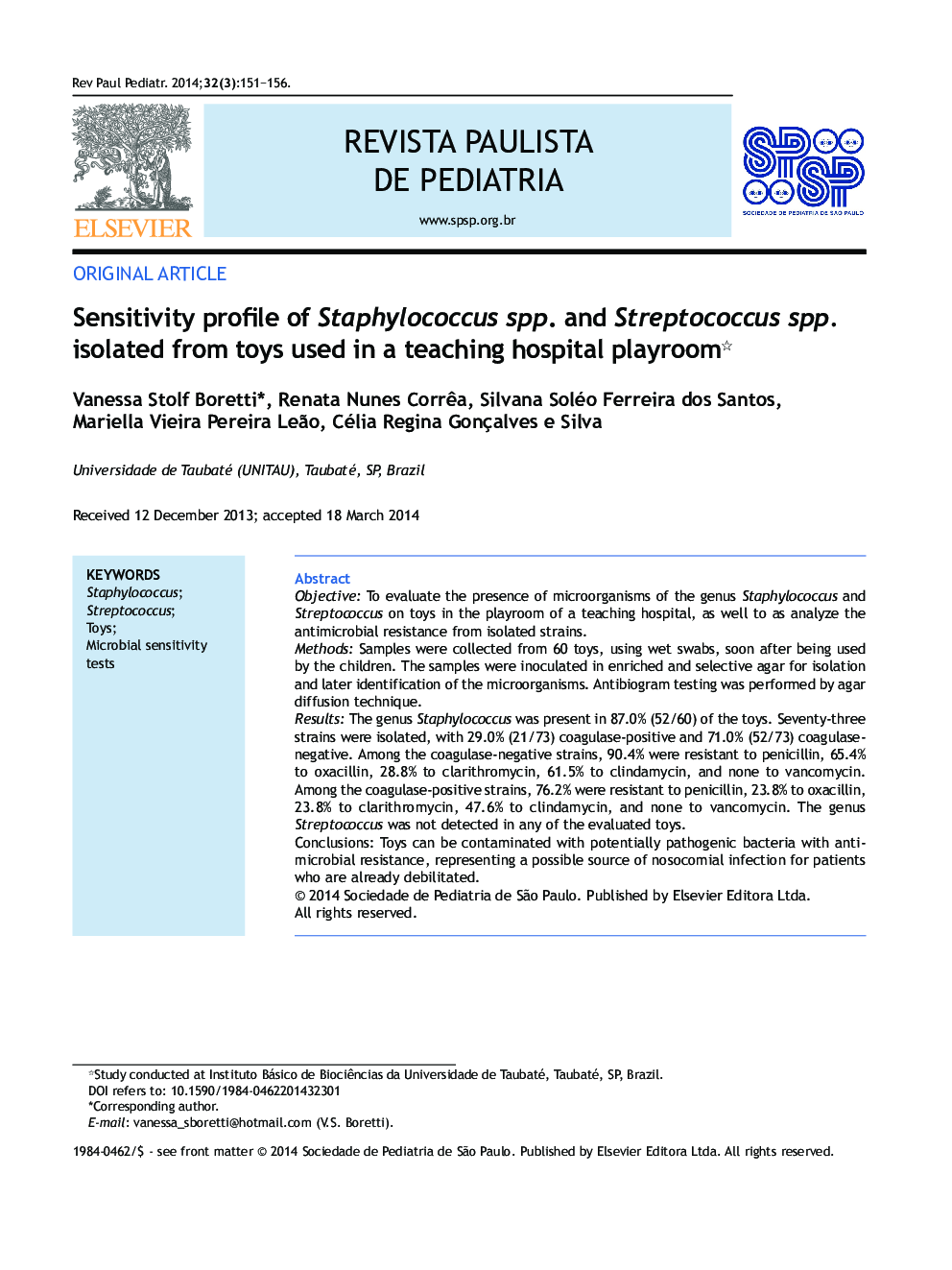 Sensitivity profile of Staphylococcus spp. and Streptococcus spp. isolated from toys used in a teaching hospital playroom *
