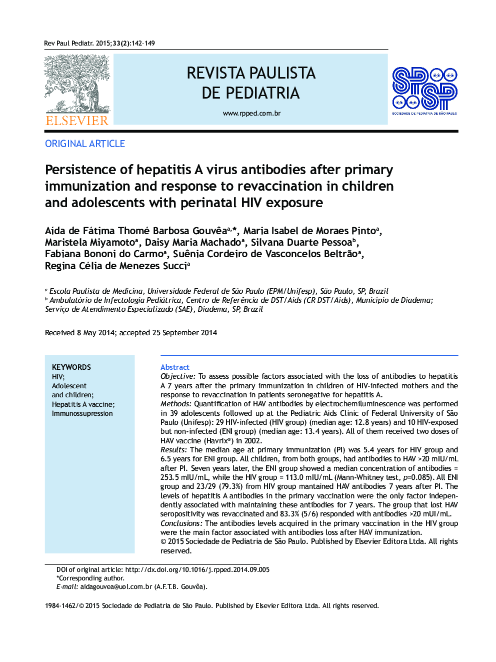 Persistence of hepatitis A virus antibodies after primary immunization and response to revaccination in children and adolescents with perinatal HIV exposure