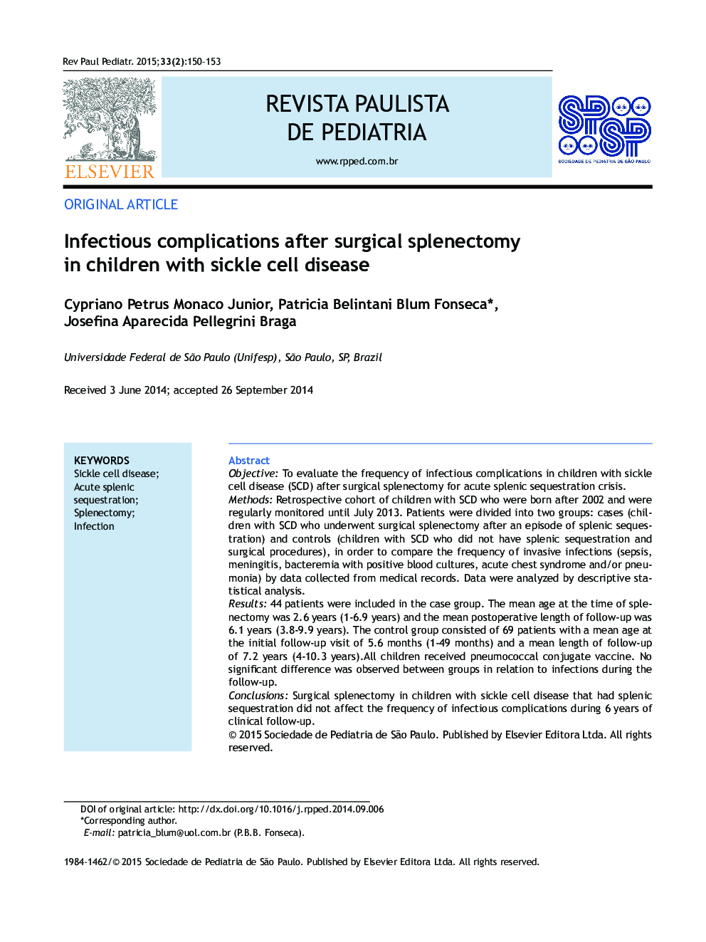 Infectious complications after surgical splenectomy in children with sickle cell disease