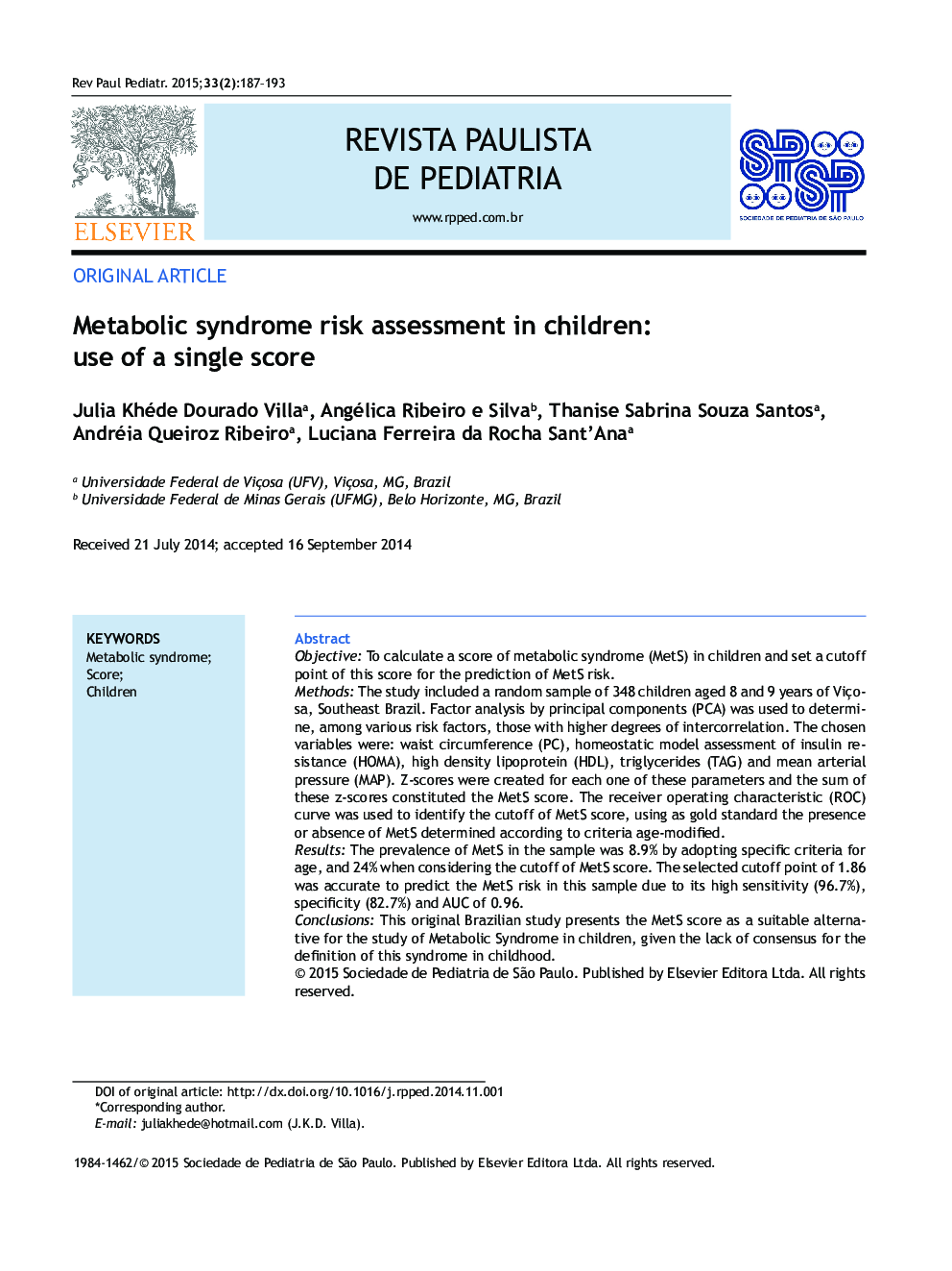ارزیابی ریسک ابتلا به سندرم متابولیک در کودکان: استفاده از یک امتیاز واحد 