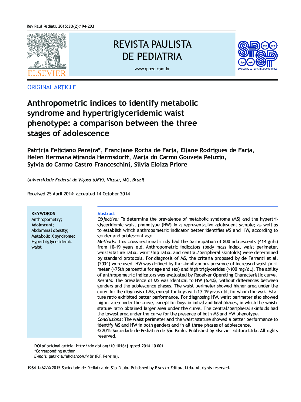 Anthropometric indices to identify metabolic syndrome and hypertriglyceridemic waist phenotype: a comparison between the three stages of adolescence