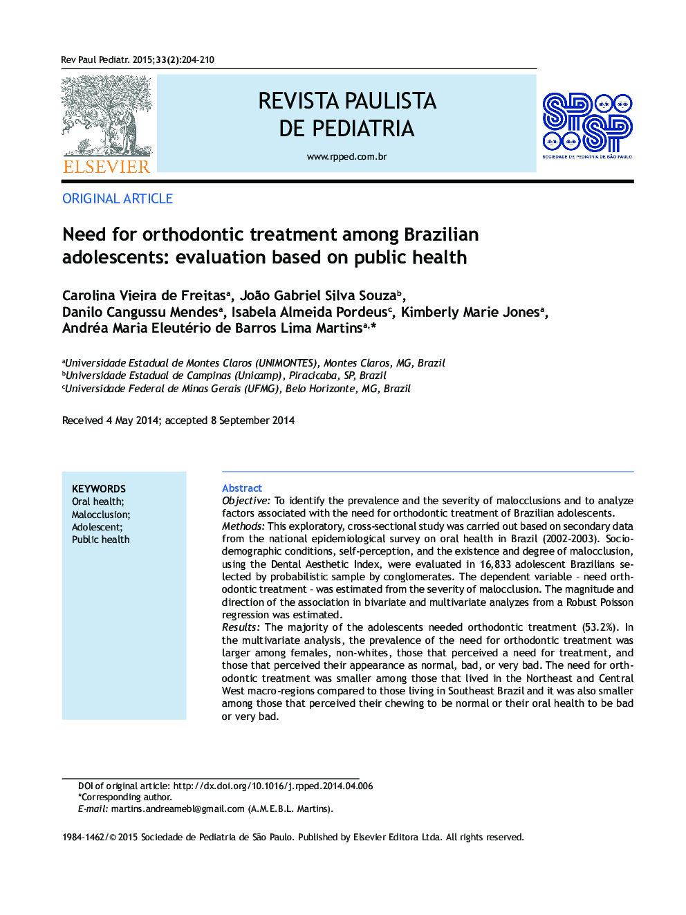 Need for orthodontic treatment among Brazilian adolescents: evaluation based on public health