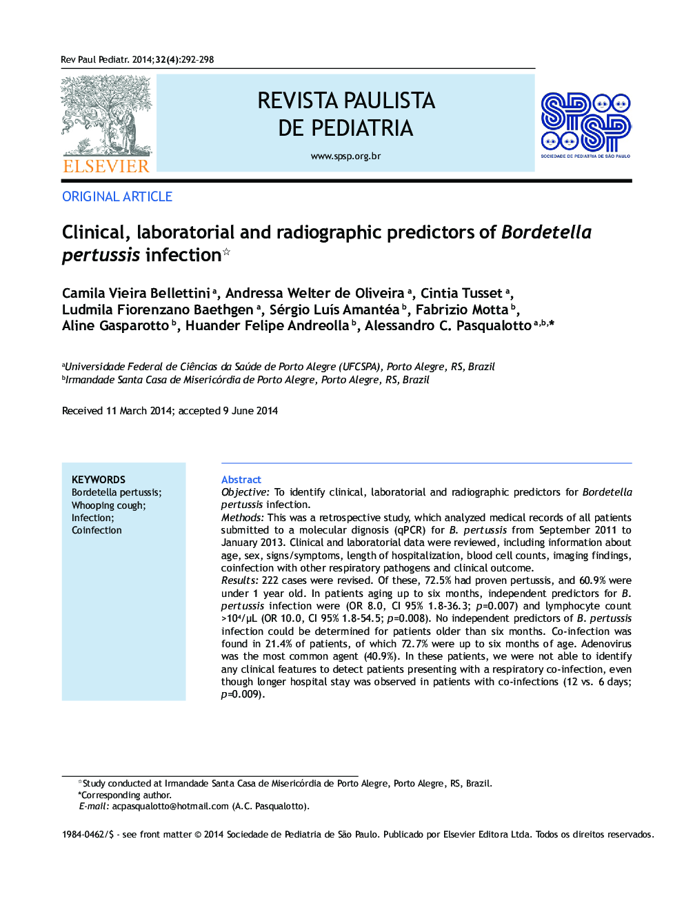 Clinical, laboratorial and radiographic predictors of Bordetella pertussis infection *