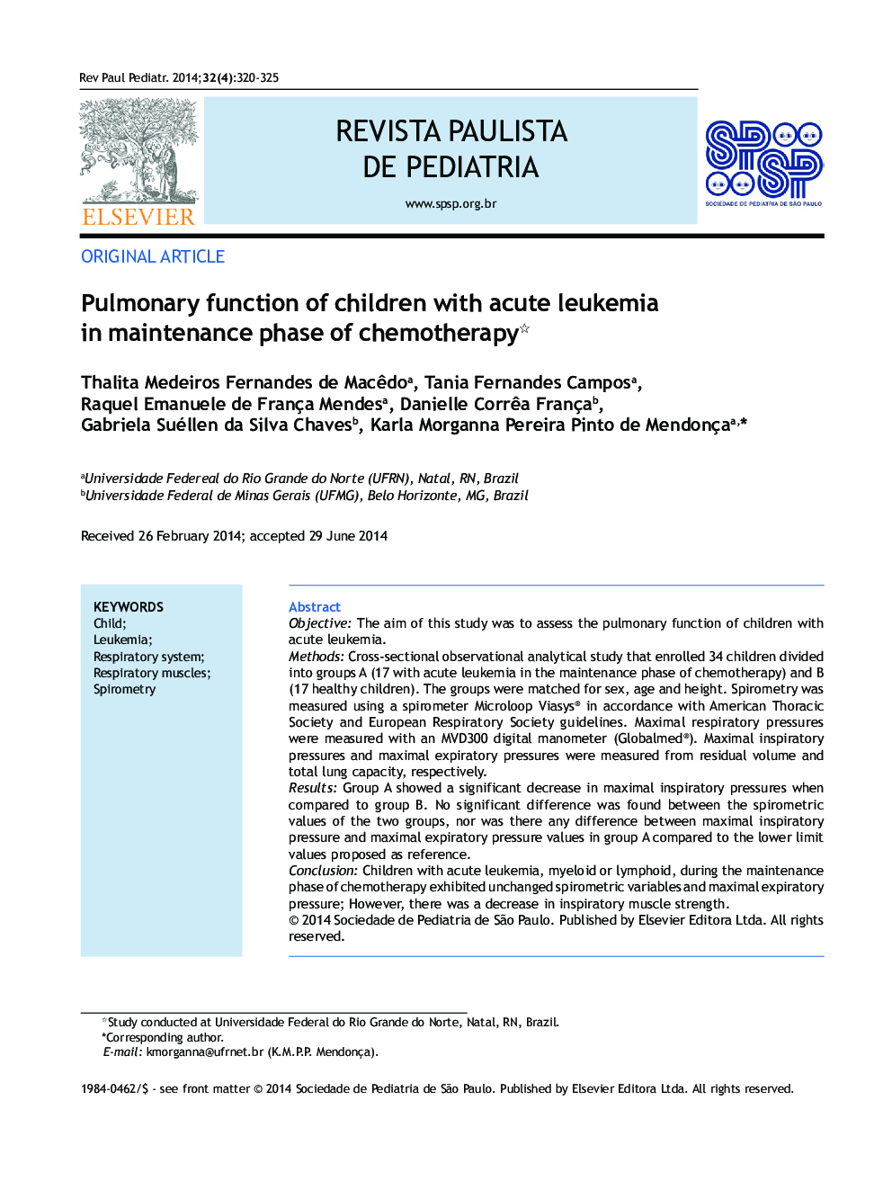 Pulmonary function of children with acute leukemia in maintenance phase of chemotherapy*