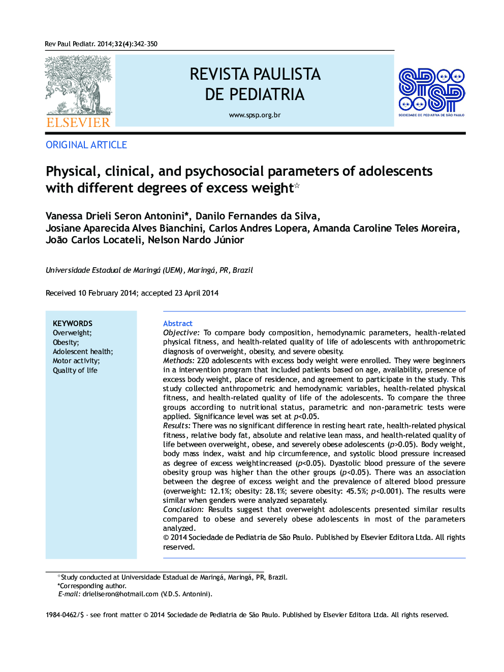 Physical, clinical, and psychosocial parameters of adolescents with different degrees of excess weight*