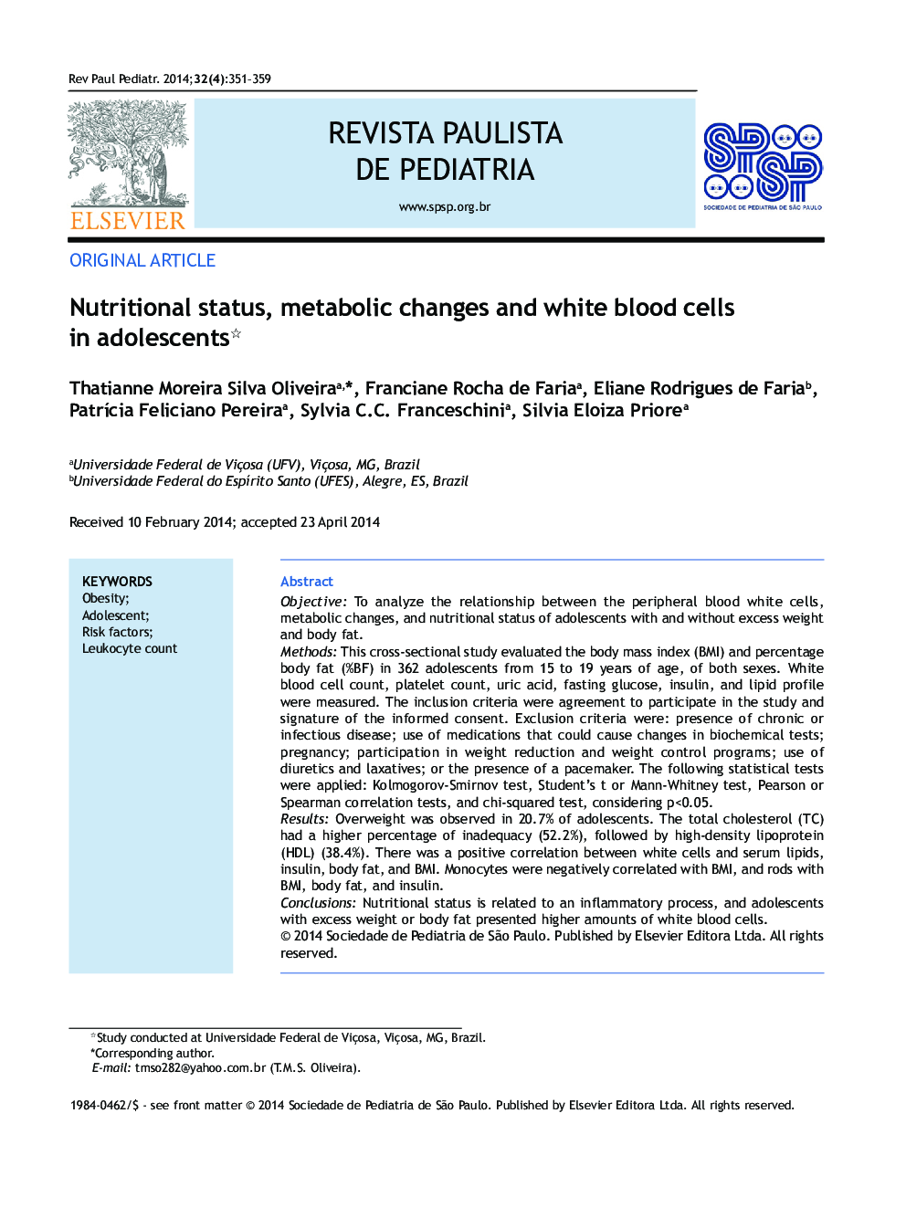 Nutritional status, metabolic changes and white blood cells in adolescents*