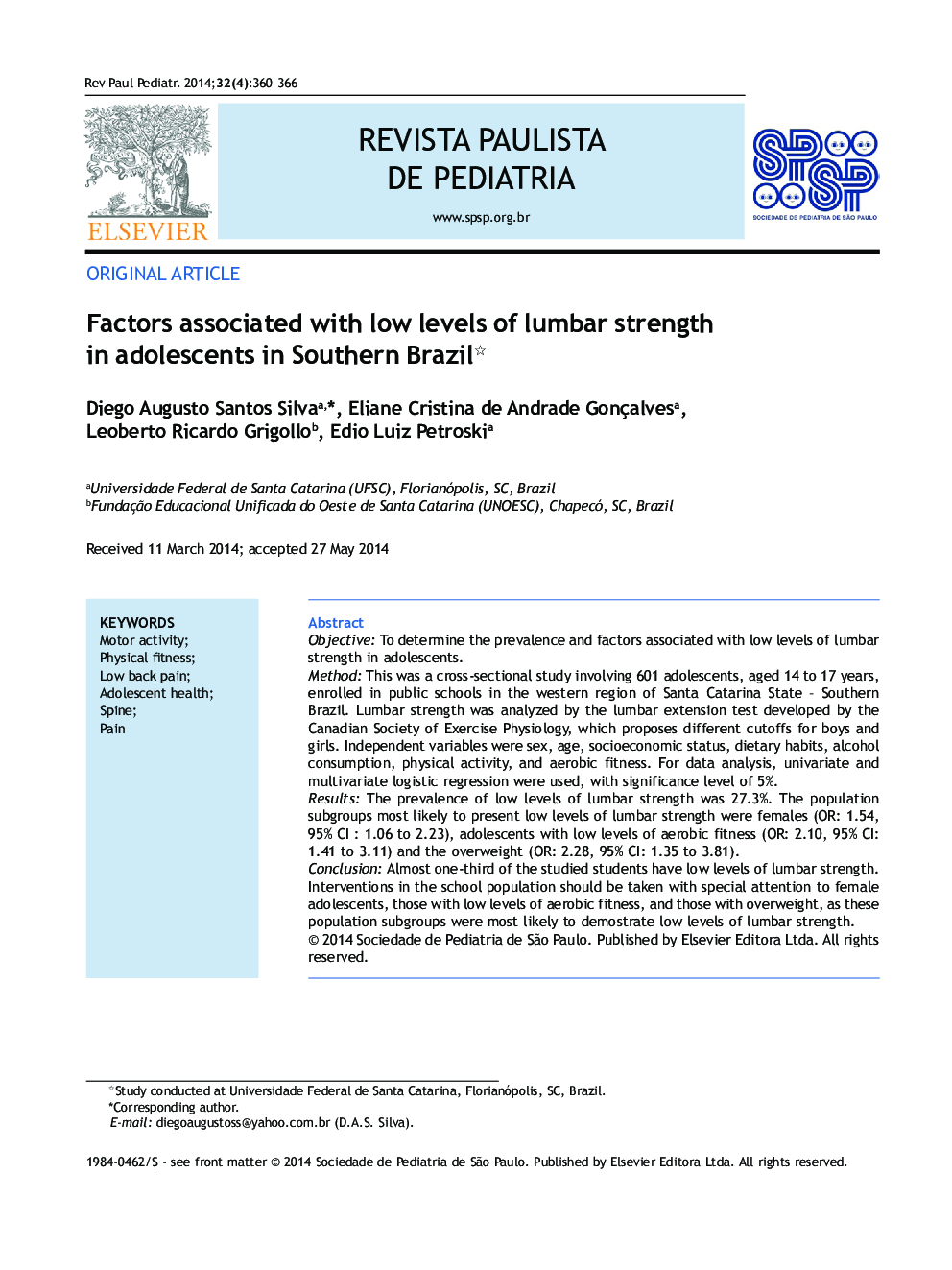 Factors associated with low levels of lumbar strength in adolescents in Southern Brazil*