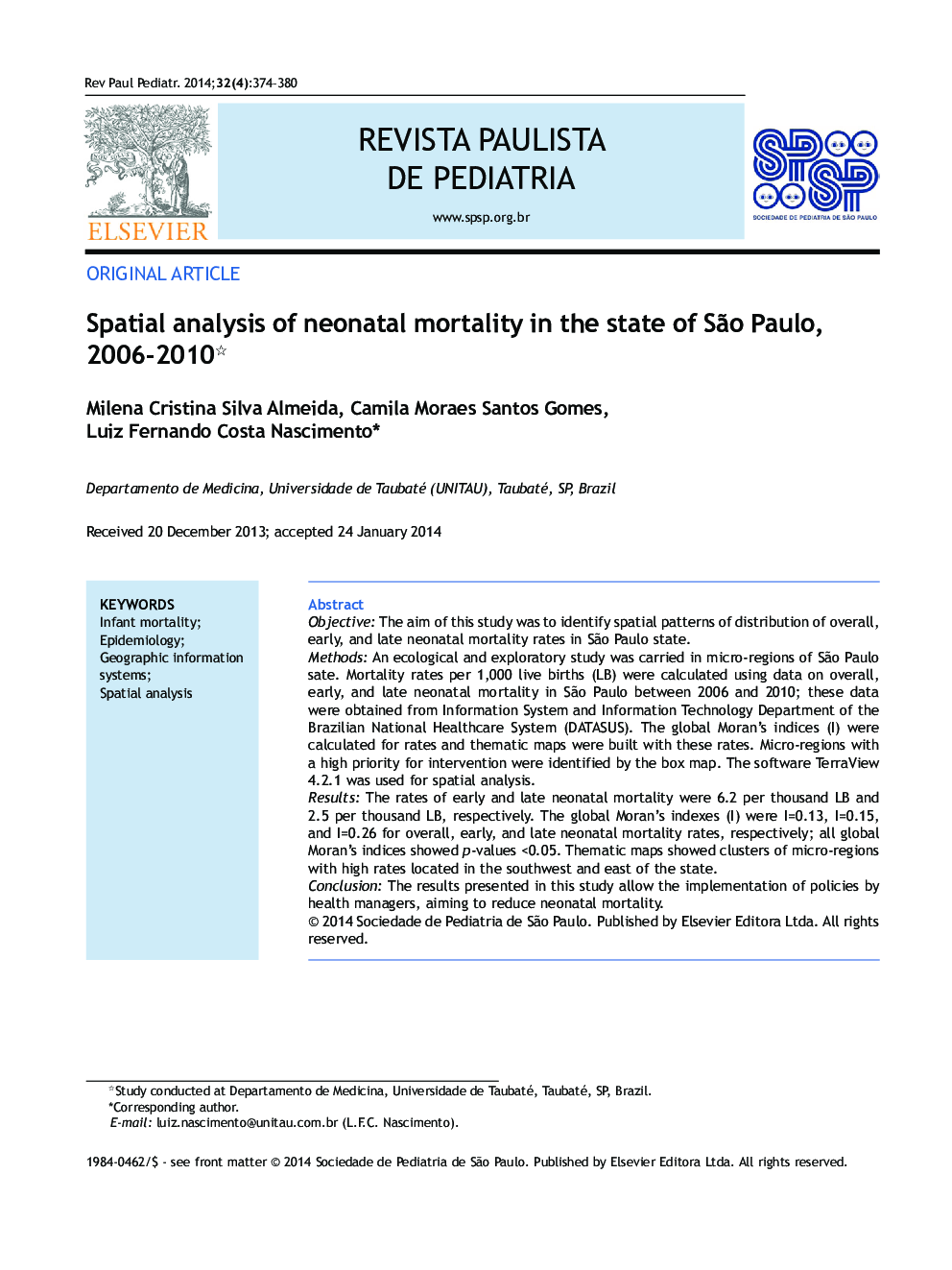 Spatial analysis of neonatal mortality in the state of São Paulo, 2006–2010*