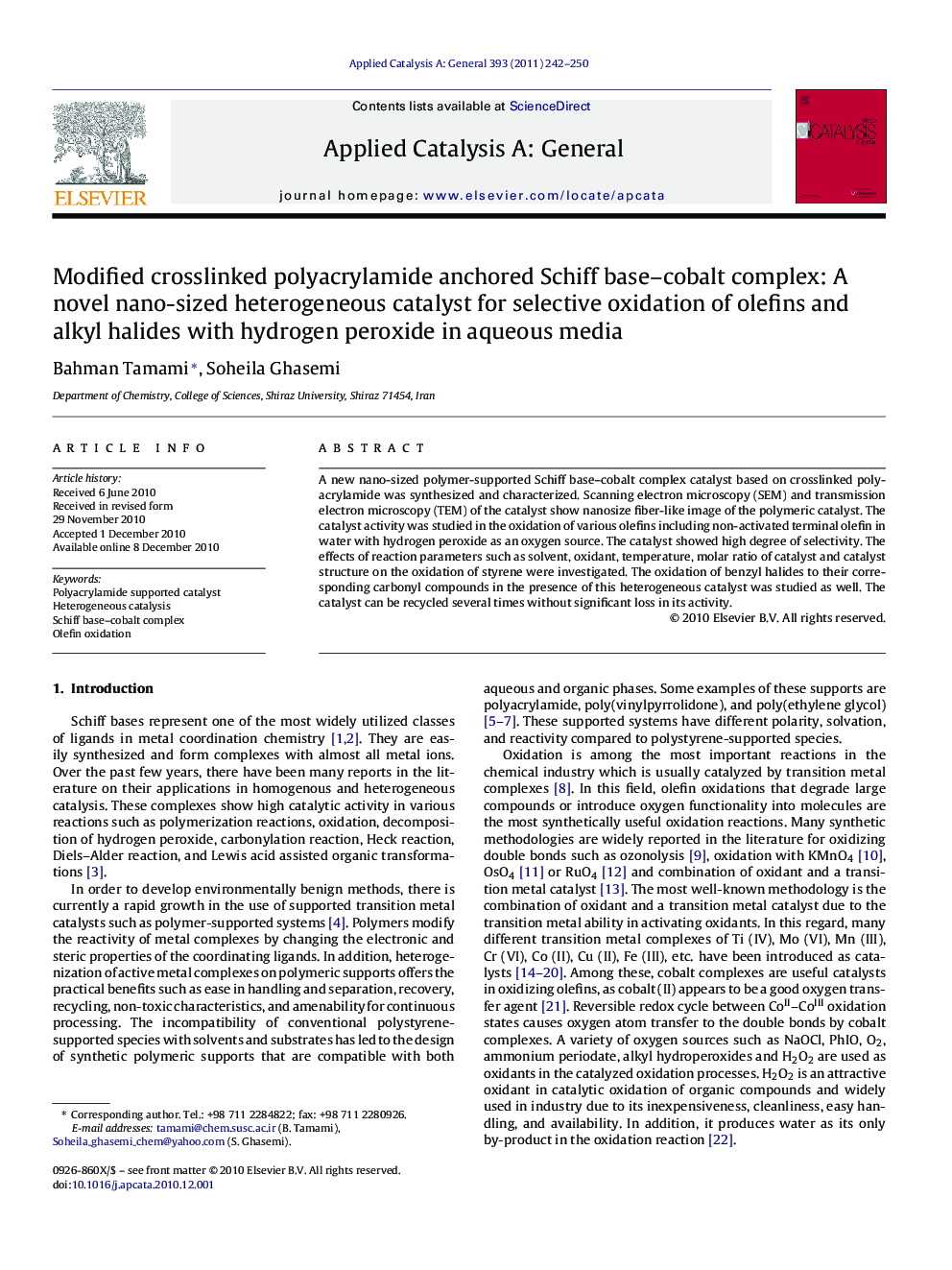 Modified crosslinked polyacrylamide anchored Schiff base–cobalt complex: A novel nano-sized heterogeneous catalyst for selective oxidation of olefins and alkyl halides with hydrogen peroxide in aqueous media