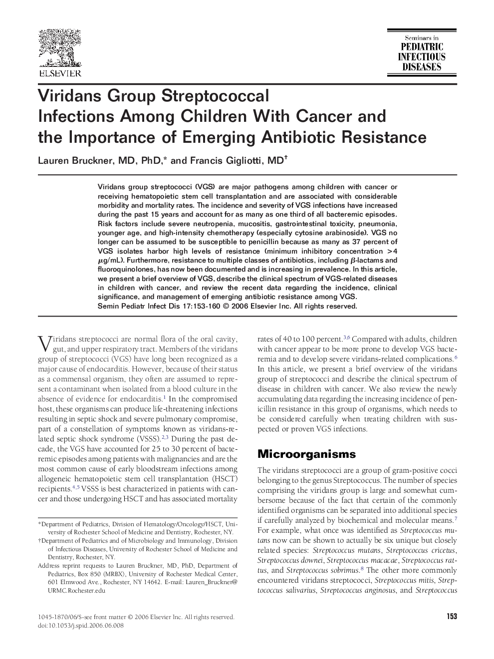 Viridans Group Streptococcal Infections Among Children With Cancer and the Importance of Emerging Antibiotic Resistance