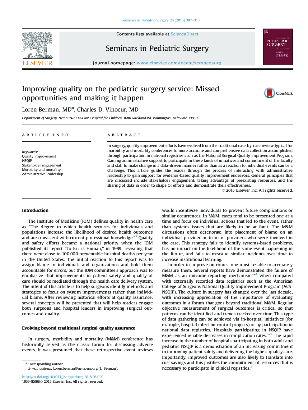 Improving quality on the pediatric surgery service: Missed opportunities and making it happen