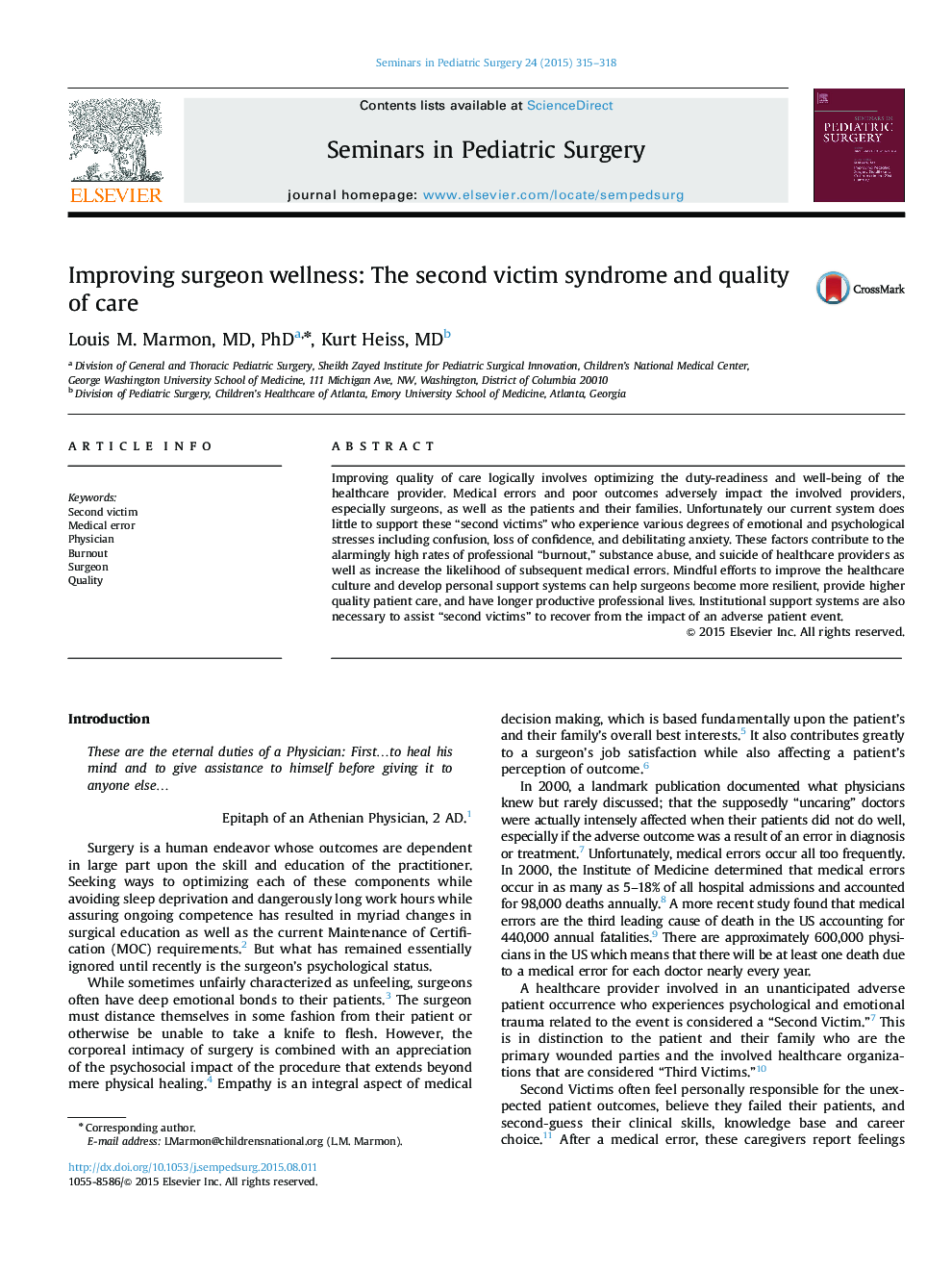 Improving surgeon wellness: The second victim syndrome and quality of care