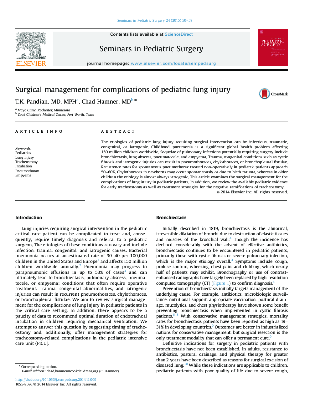 Surgical management for complications of pediatric lung injury