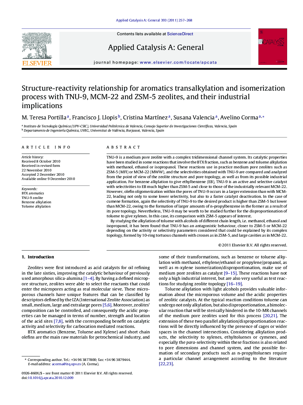 Structure-reactivity relationship for aromatics transalkylation and isomerization process with TNU-9, MCM-22 and ZSM-5 zeolites, and their industrial implications