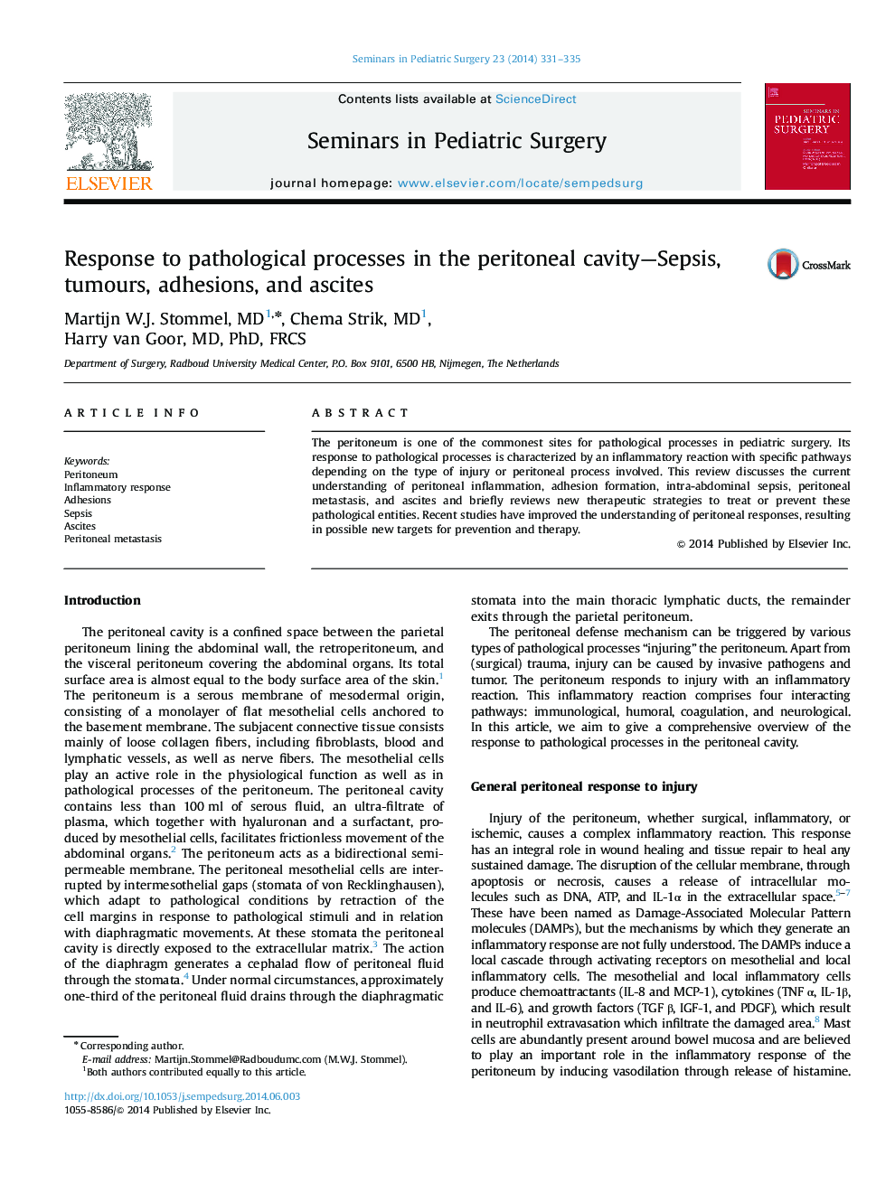 Response to pathological processes in the peritoneal cavity—Sepsis, tumours, adhesions, and ascites