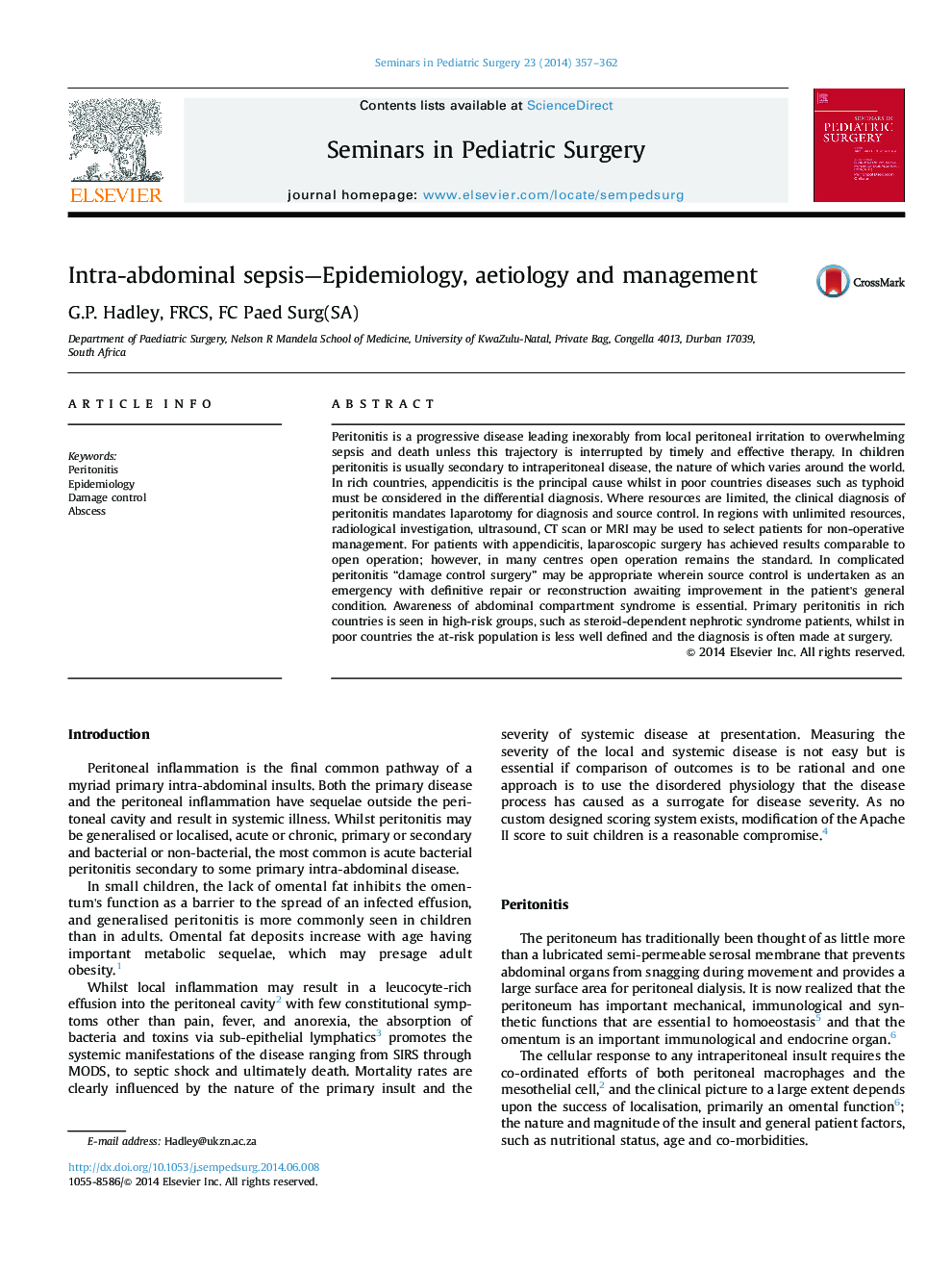 Intra-abdominal sepsis—Epidemiology, aetiology and management