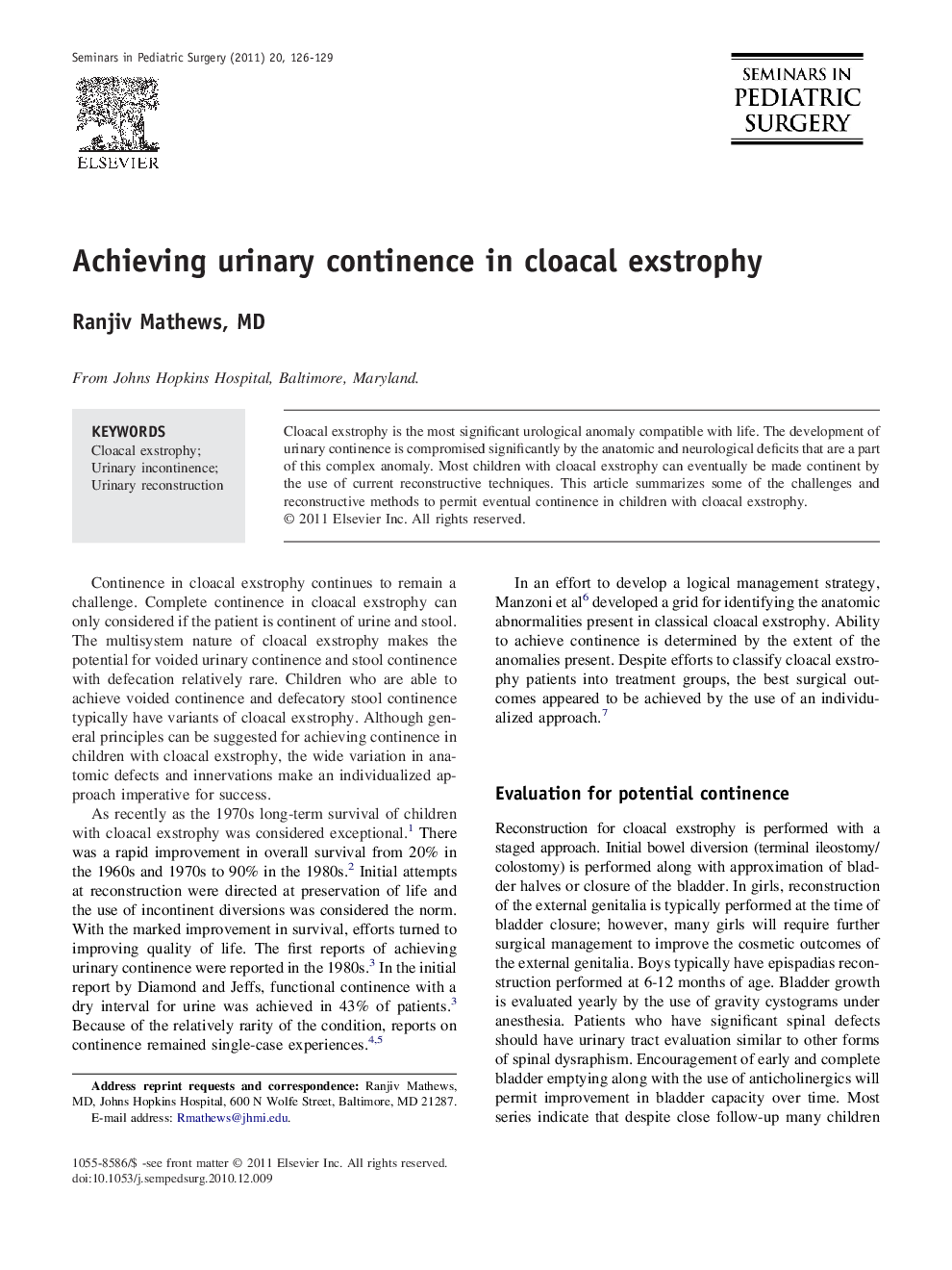 Achieving urinary continence in cloacal exstrophy