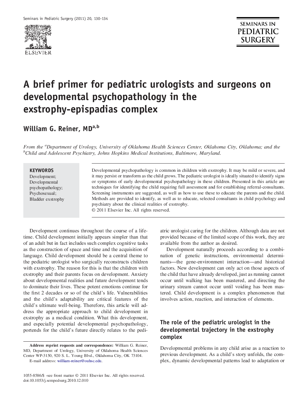 A brief primer for pediatric urologists and surgeons on developmental psychopathology in the exstrophy-epispadias complex