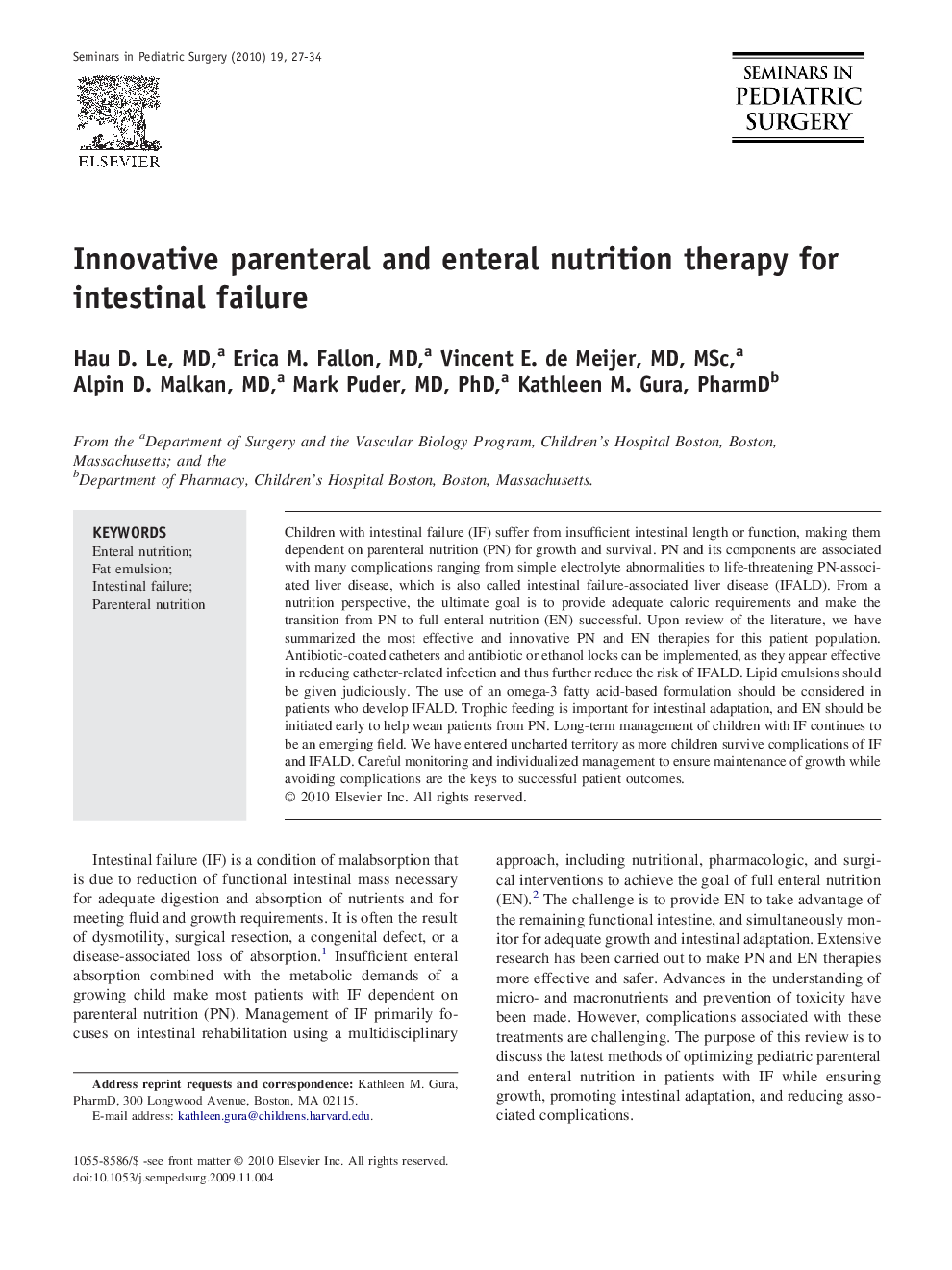 Innovative parenteral and enteral nutrition therapy for intestinal failure