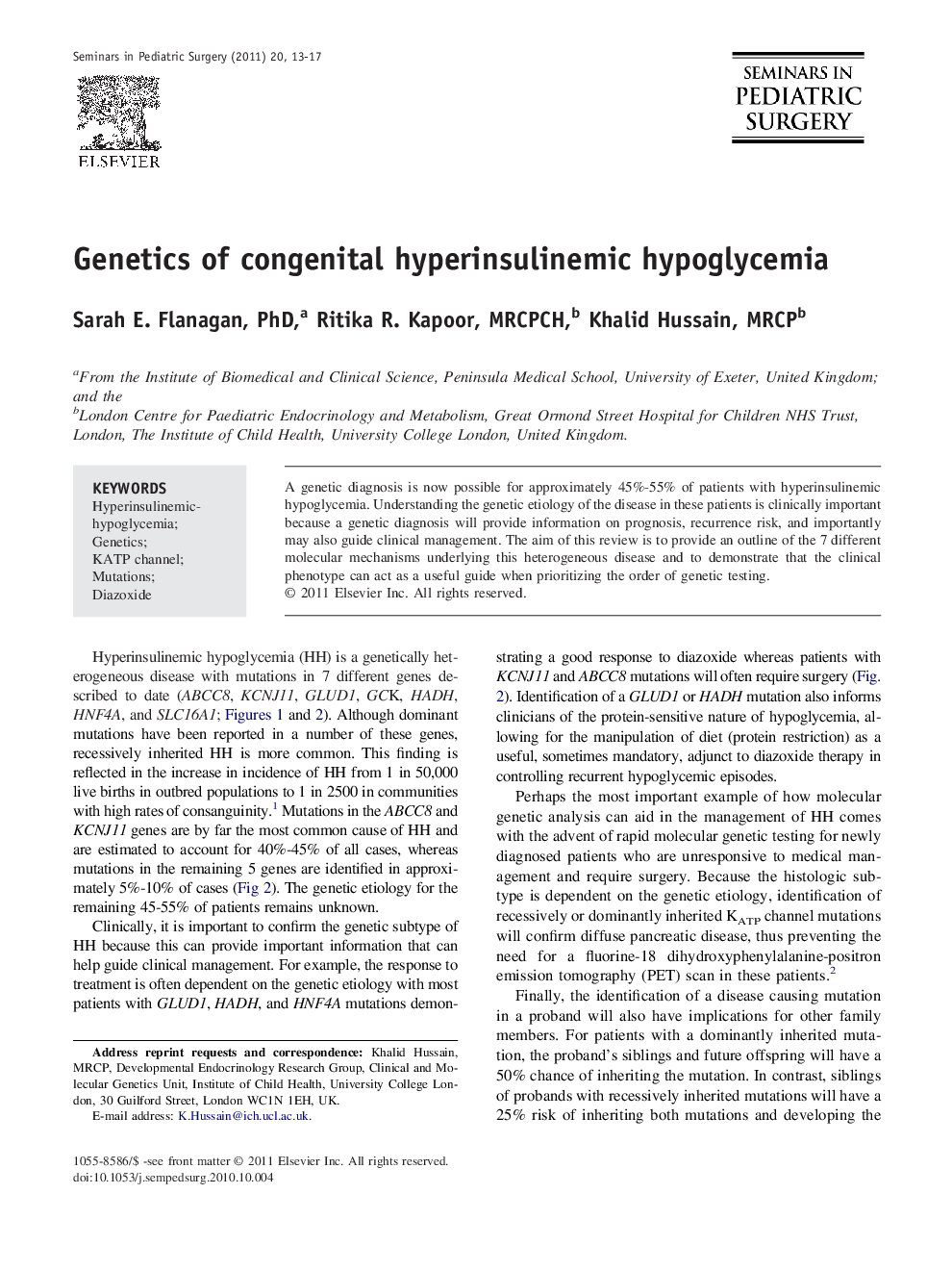 Genetics of congenital hyperinsulinemic hypoglycemia
