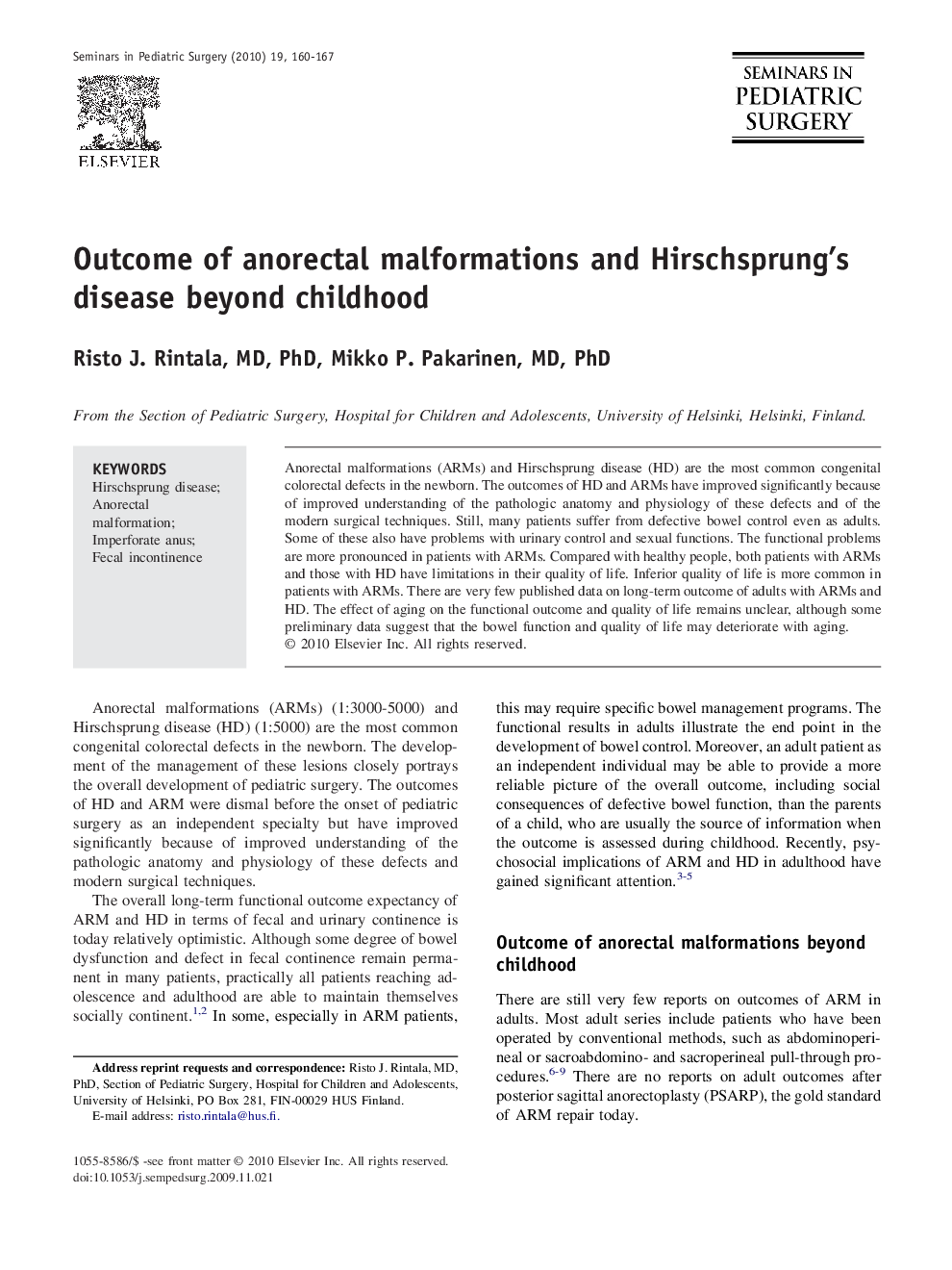 Outcome of anorectal malformations and Hirschsprung's disease beyond childhood