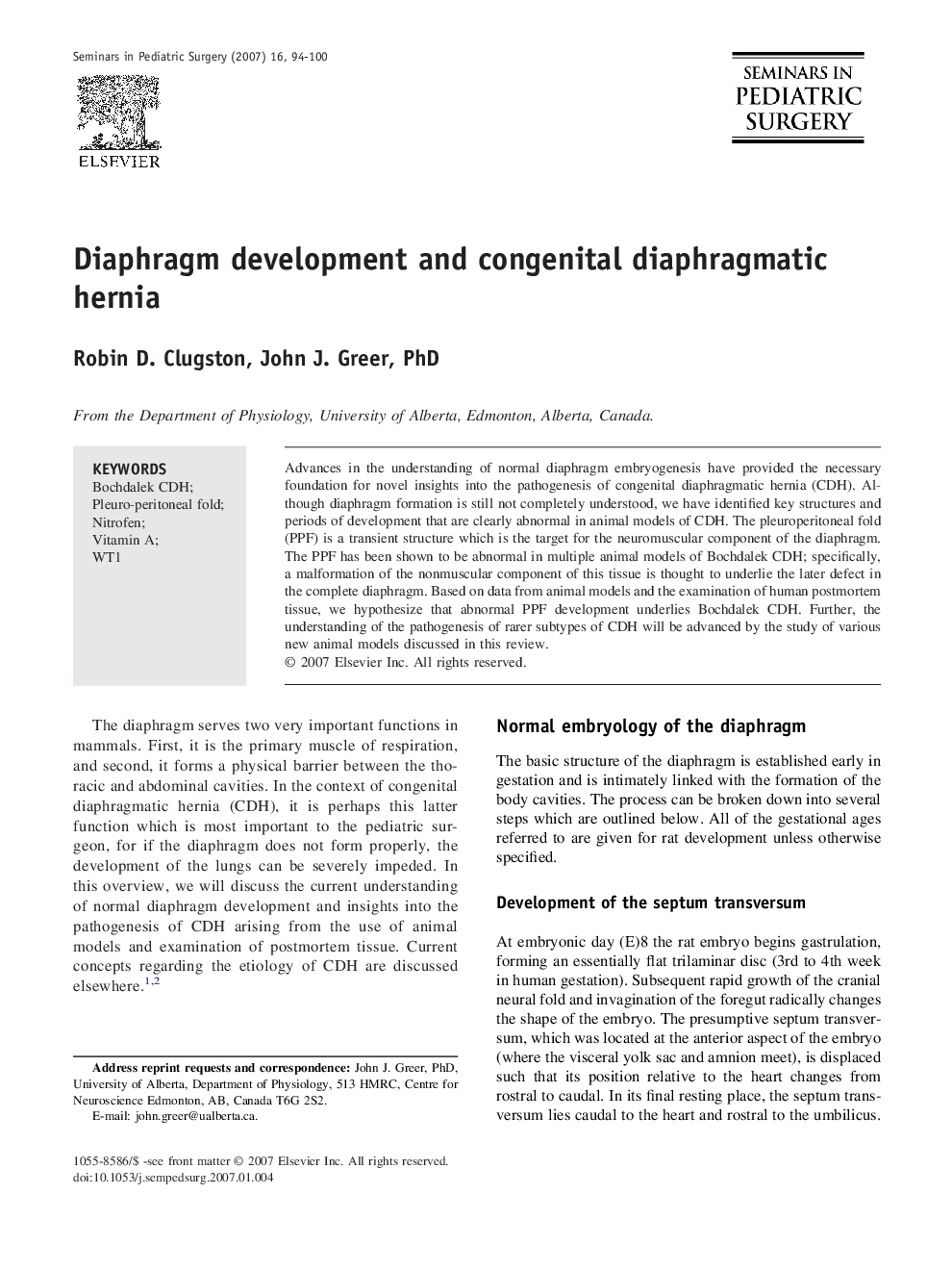 Diaphragm development and congenital diaphragmatic hernia