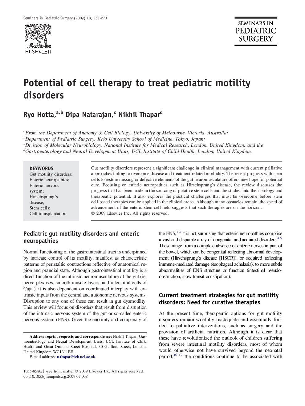 Potential of cell therapy to treat pediatric motility disorders