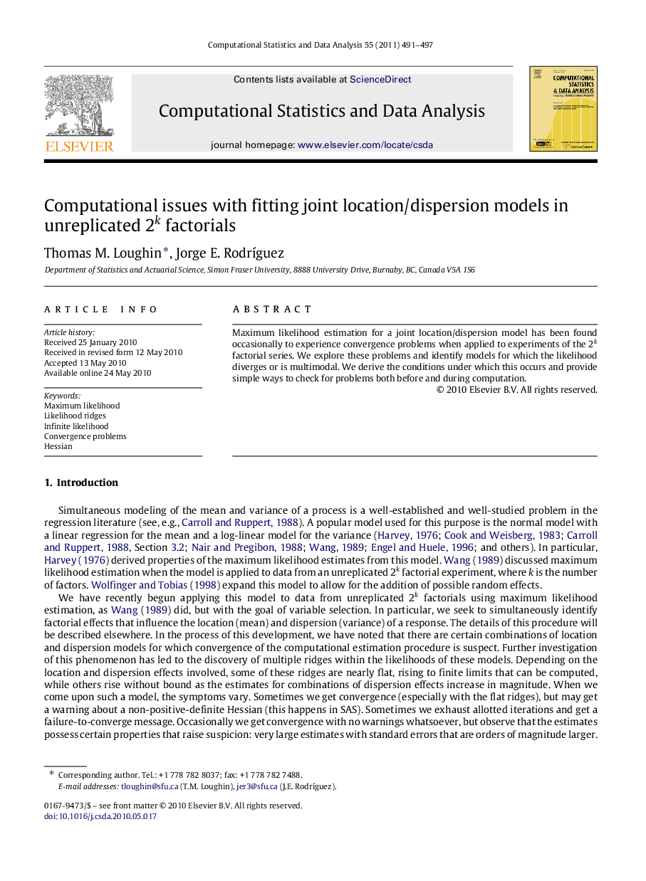 Computational issues with fitting joint location/dispersion models in unreplicated 2k2k factorials