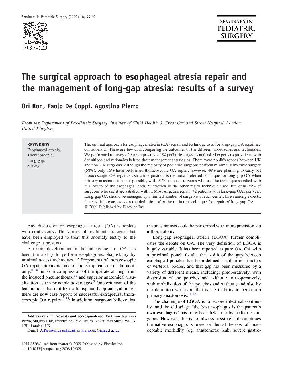 The surgical approach to esophageal atresia repair and the management of long-gap atresia: results of a survey