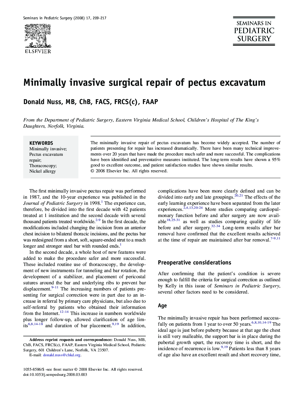 Minimally invasive surgical repair of pectus excavatum