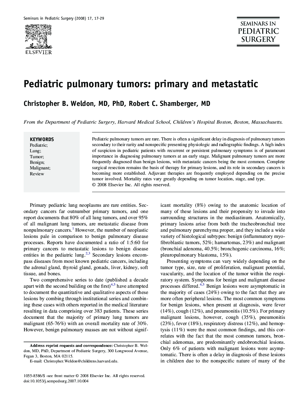 Pediatric pulmonary tumors: primary and metastatic