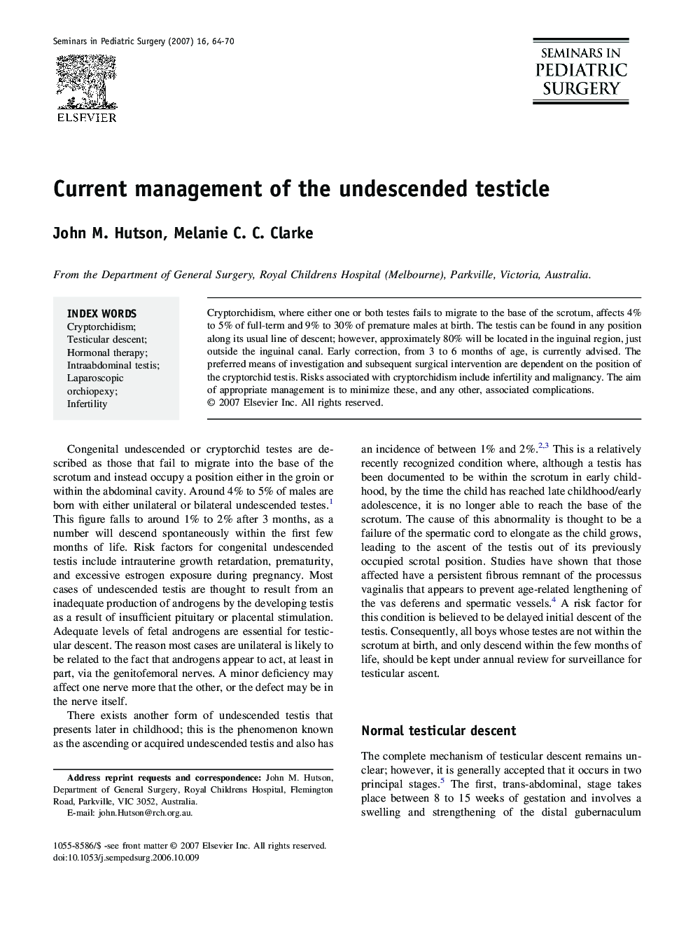 Current management of the undescended testicle