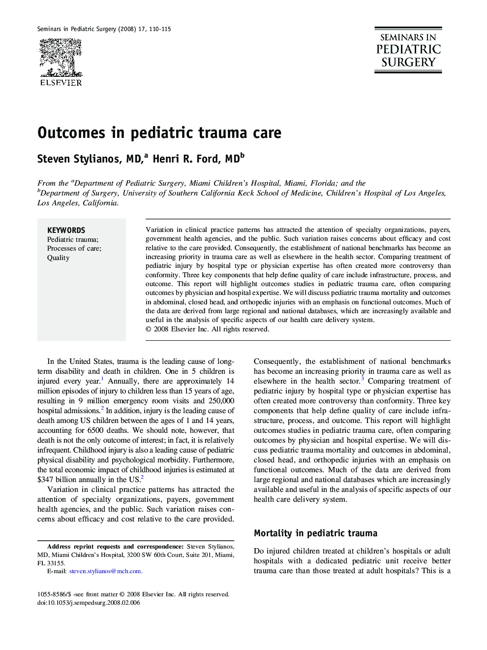 Outcomes in pediatric trauma care