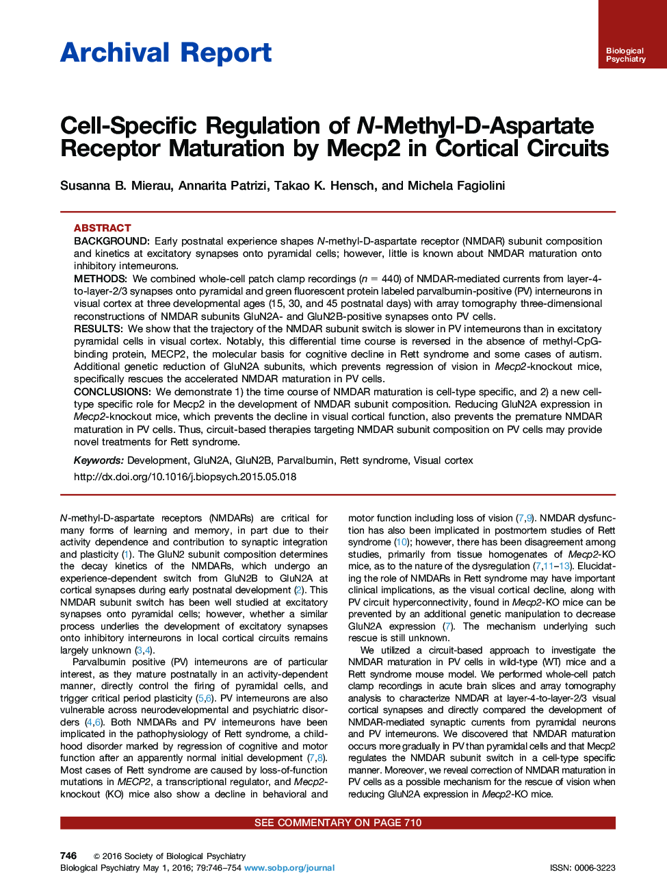 Cell-Specific Regulation of N-Methyl-D-Aspartate Receptor Maturation by Mecp2 in Cortical Circuits