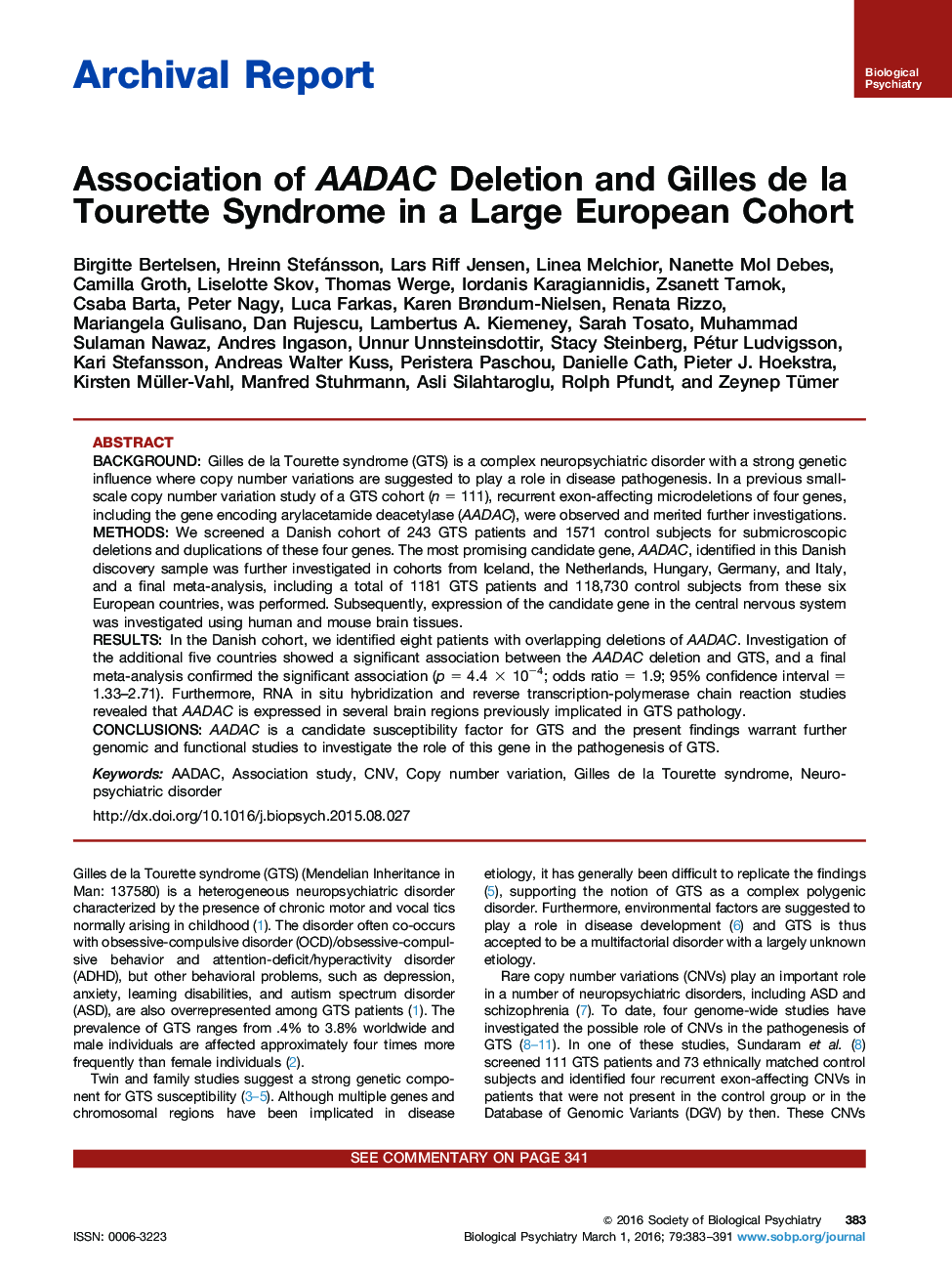 Association of AADAC Deletion and Gilles de la Tourette Syndrome in a Large European Cohort