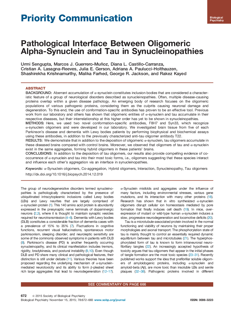 Pathological Interface Between Oligomeric Alpha-Synuclein and Tau in Synucleinopathies