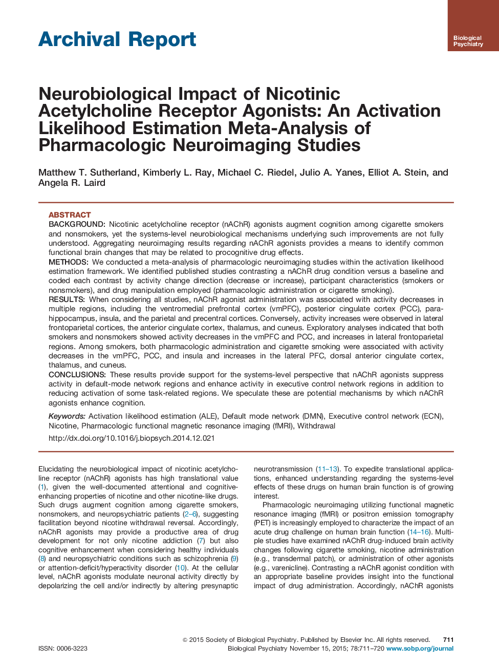 Neurobiological Impact of Nicotinic Acetylcholine Receptor Agonists: An Activation Likelihood Estimation Meta-Analysis of Pharmacologic Neuroimaging Studies