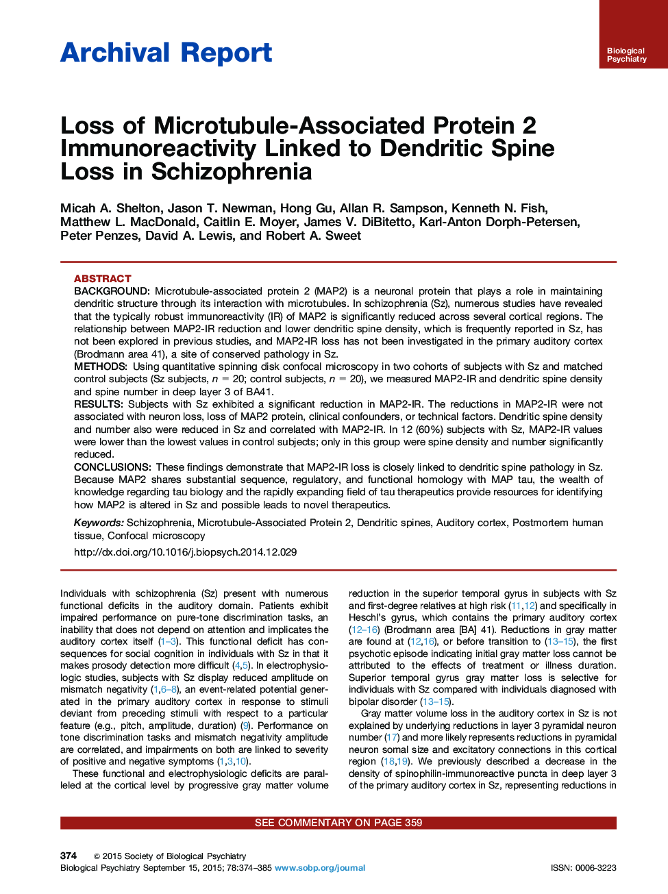 Loss of Microtubule-Associated Protein 2 Immunoreactivity Linked to Dendritic Spine Loss in Schizophrenia