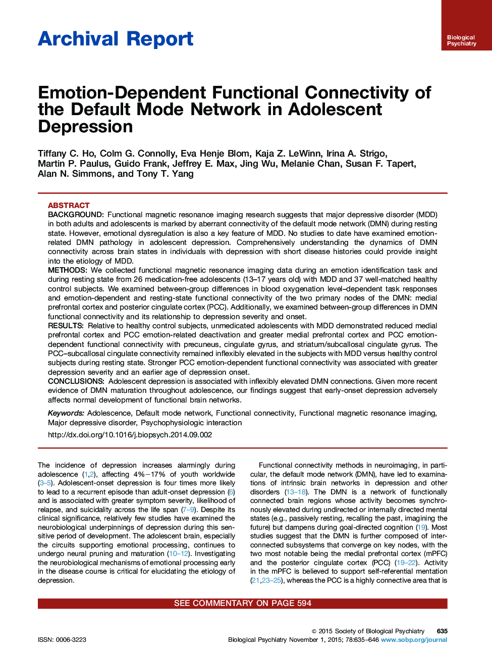 Emotion-Dependent Functional Connectivity of the Default Mode Network in Adolescent Depression