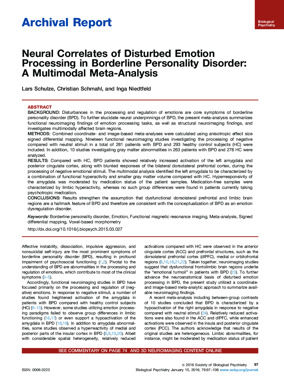 Neural Correlates of Disturbed Emotion Processing in Borderline Personality Disorder: A Multimodal Meta-Analysis