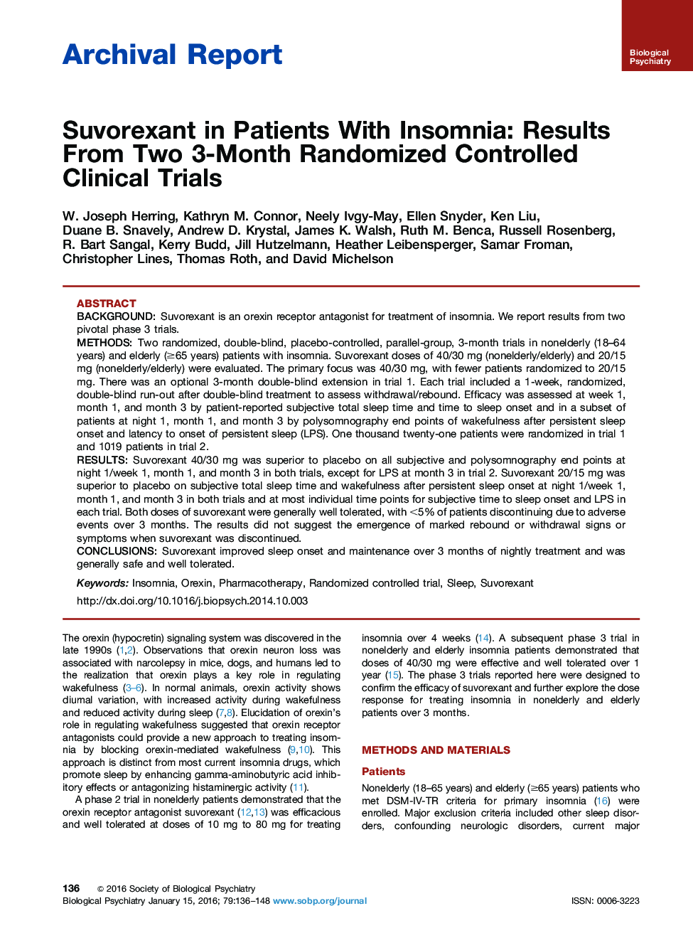 Suvorexant in Patients With Insomnia: Results From Two 3-Month Randomized Controlled Clinical Trials