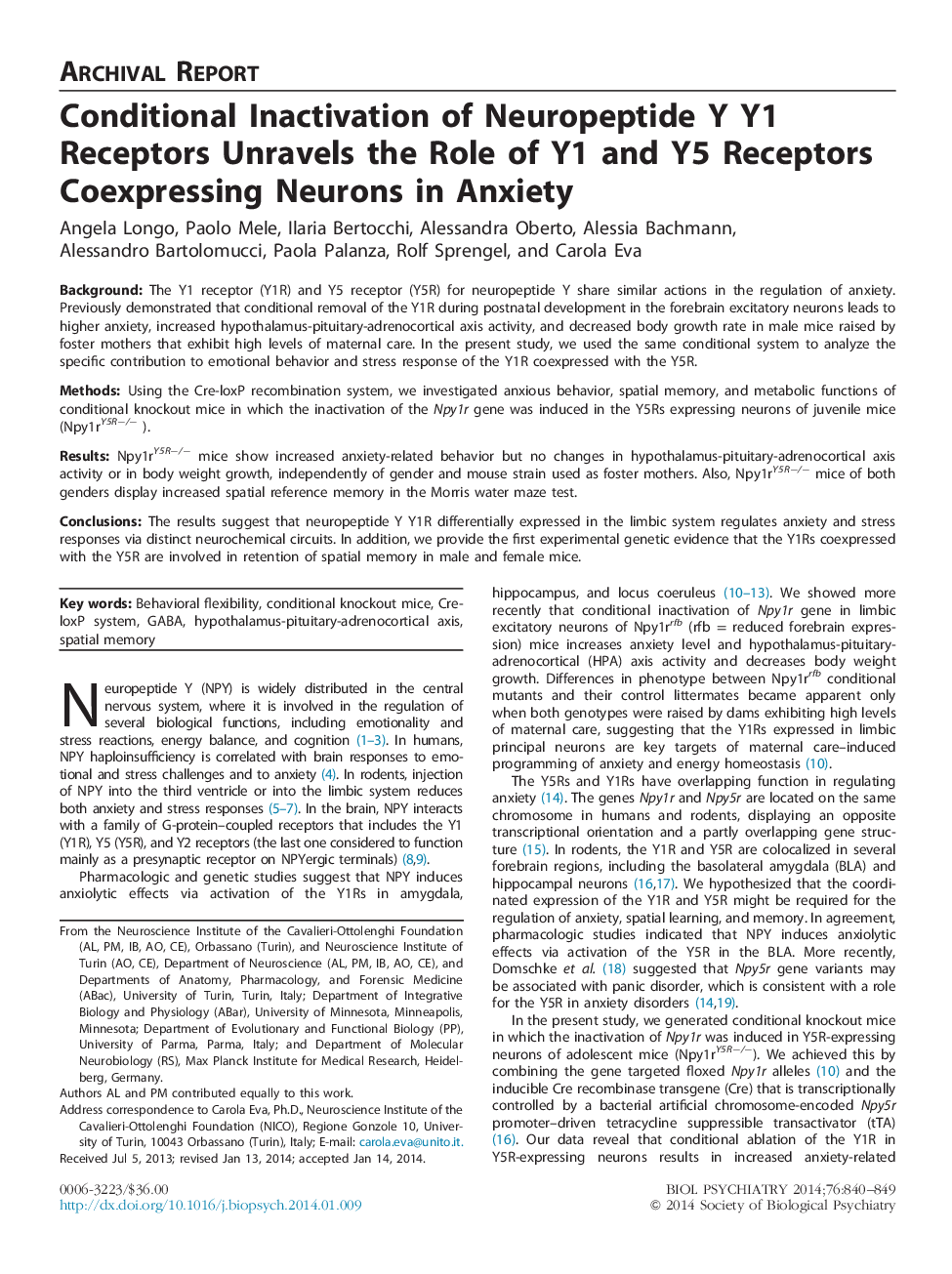 Conditional Inactivation of Neuropeptide Y Y1 Receptors Unravels the Role of Y1 and Y5 Receptors Coexpressing Neurons in Anxiety