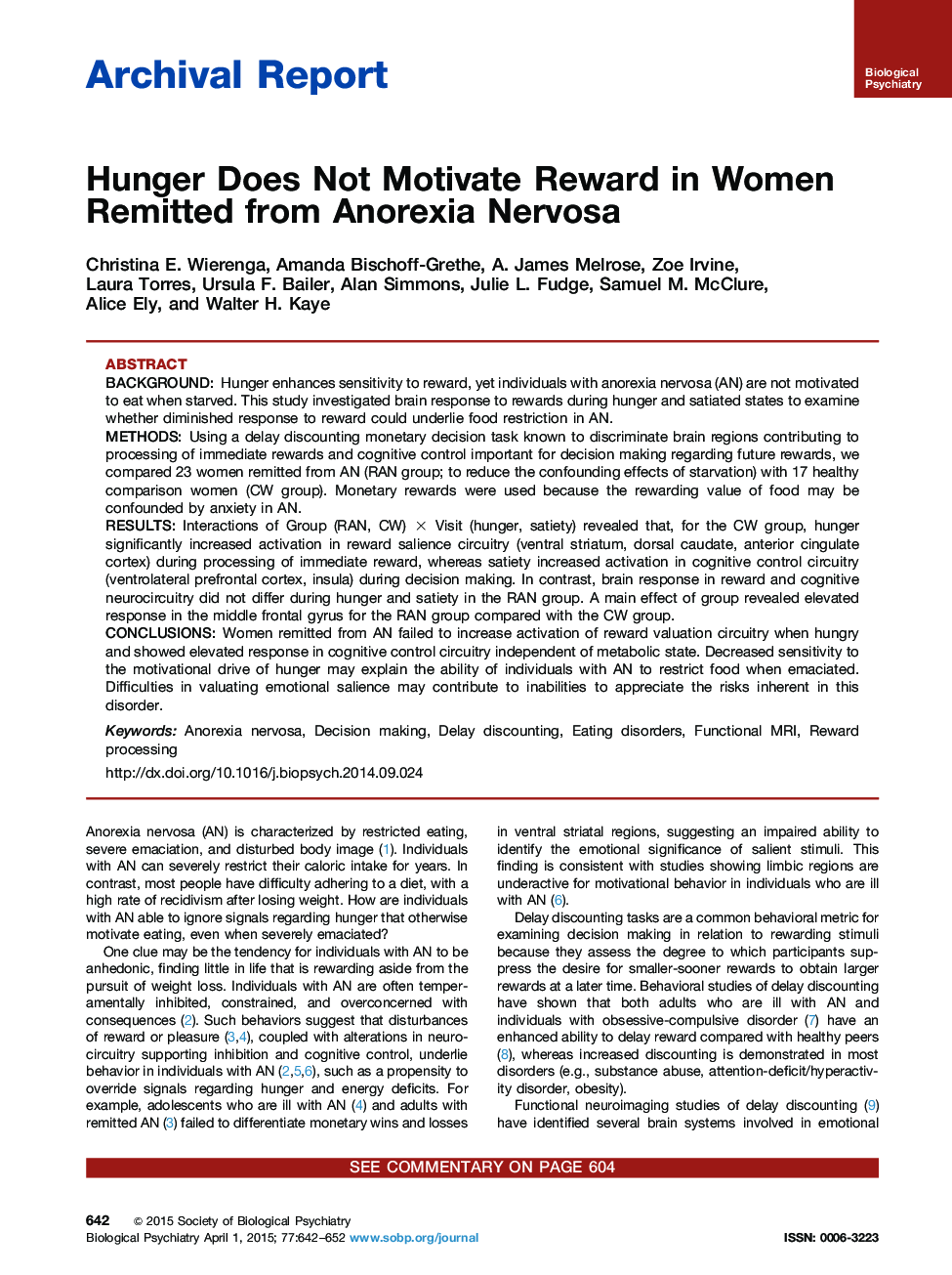 Hunger Does Not Motivate Reward in Women Remitted from Anorexia Nervosa