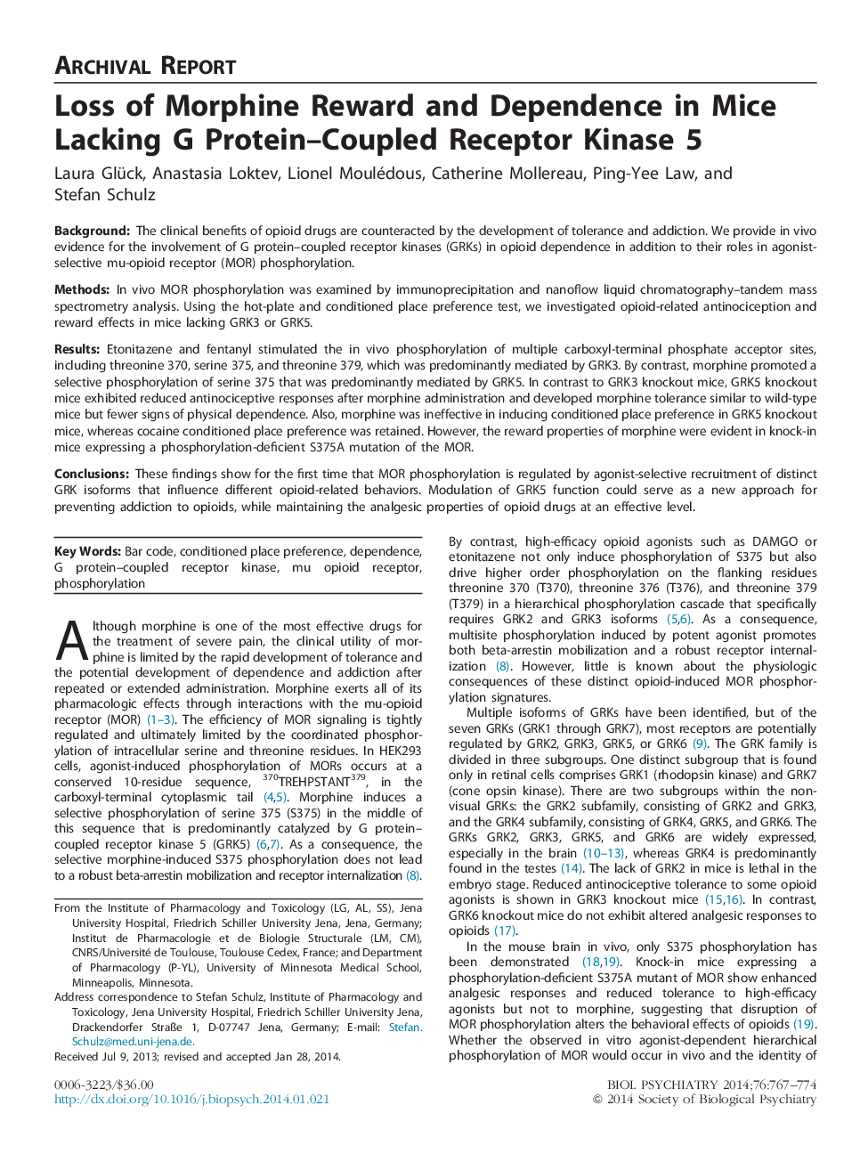 Loss of Morphine Reward and Dependence in Mice Lacking G Protein–Coupled Receptor Kinase 5