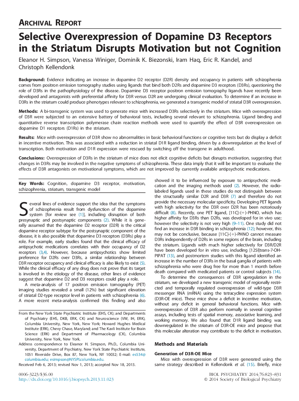 Selective Overexpression of Dopamine D3 Receptors in the Striatum Disrupts Motivation but not Cognition